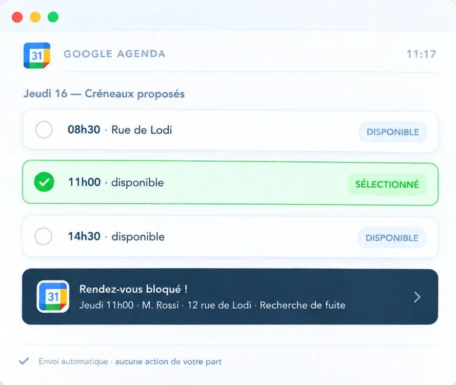 Créneaux proposés dans l'agenda et rendez-vous bloqué